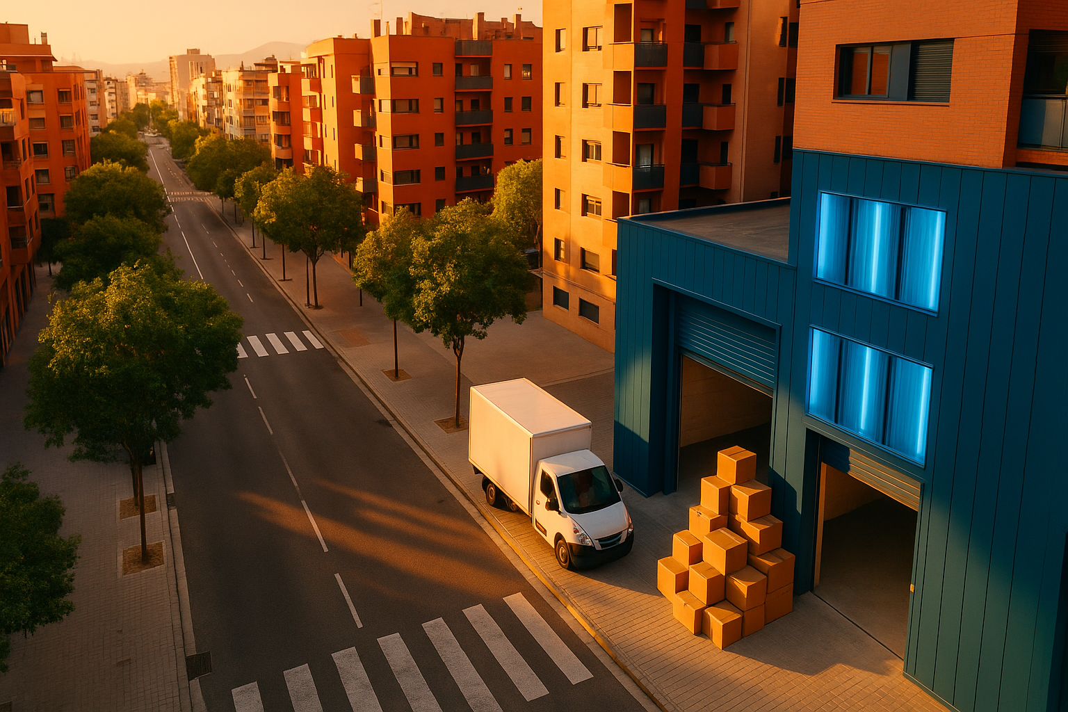 Centro de self storage moderno en zona urbana española con cajas de mudanza apiladas bajo luz cálida de atardecer