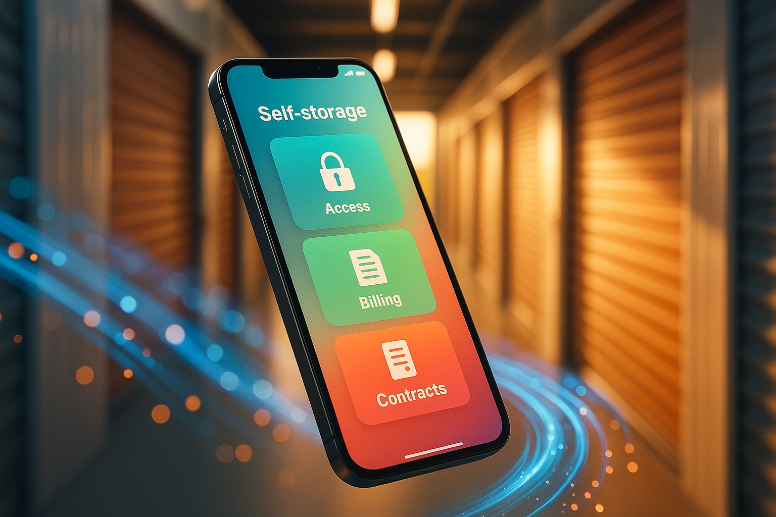 Smartphone con app de self storage flotando en un pasillo moderno iluminado con luz cálida y destellos azules y naranjas vibrantes.