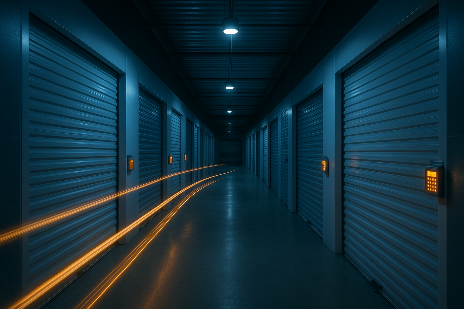 Pasillo automatizado de un centro de self storage moderno con teclados digitales y acceso sin personal, iluminado de noche