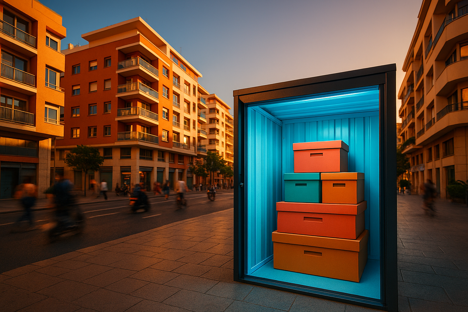 Ciudad española al atardecer con unidad de self storage abierta y luminosa, cajas coloridas organizadas, ambiente urbano moderno y optimista.