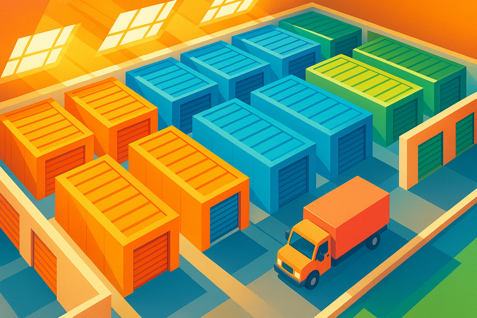 Ilustración isométrica de un centro de self storage moderno con unidades en colores vibrantes y camión de mudanzas en temporada de verano
