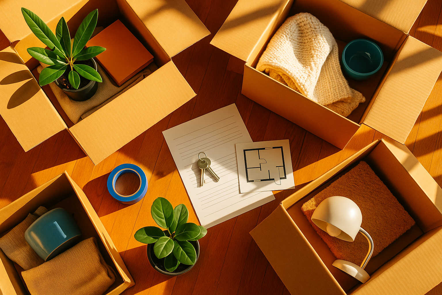 Cajas de mudanza abiertas con llaves de vivienda y contrato sobre superficie de madera iluminada con luz solar de verano