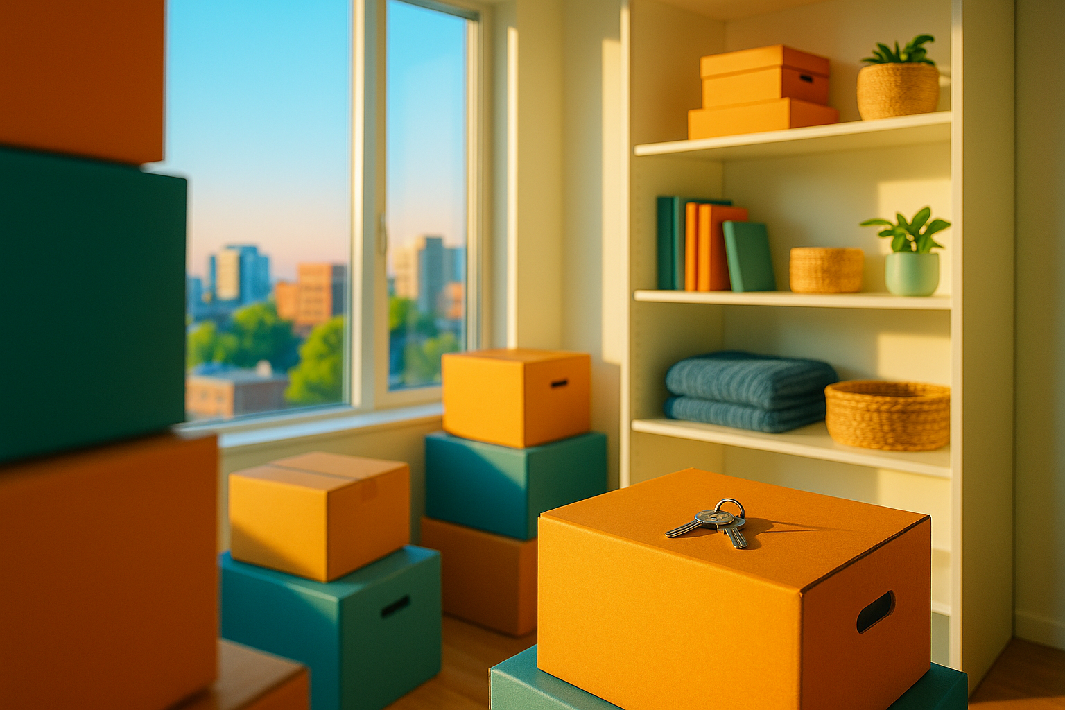 Cajas de mudanza organizadas junto a un trastero moderno iluminado, con vistas a una ciudad vibrante al atardecer.
