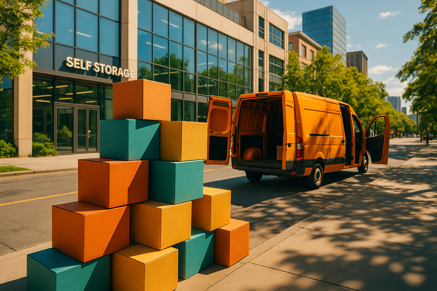 Escena urbana de mudanza veraniega con cajas coloridas, furgoneta naranja y moderno edificio de self storage al fondo.