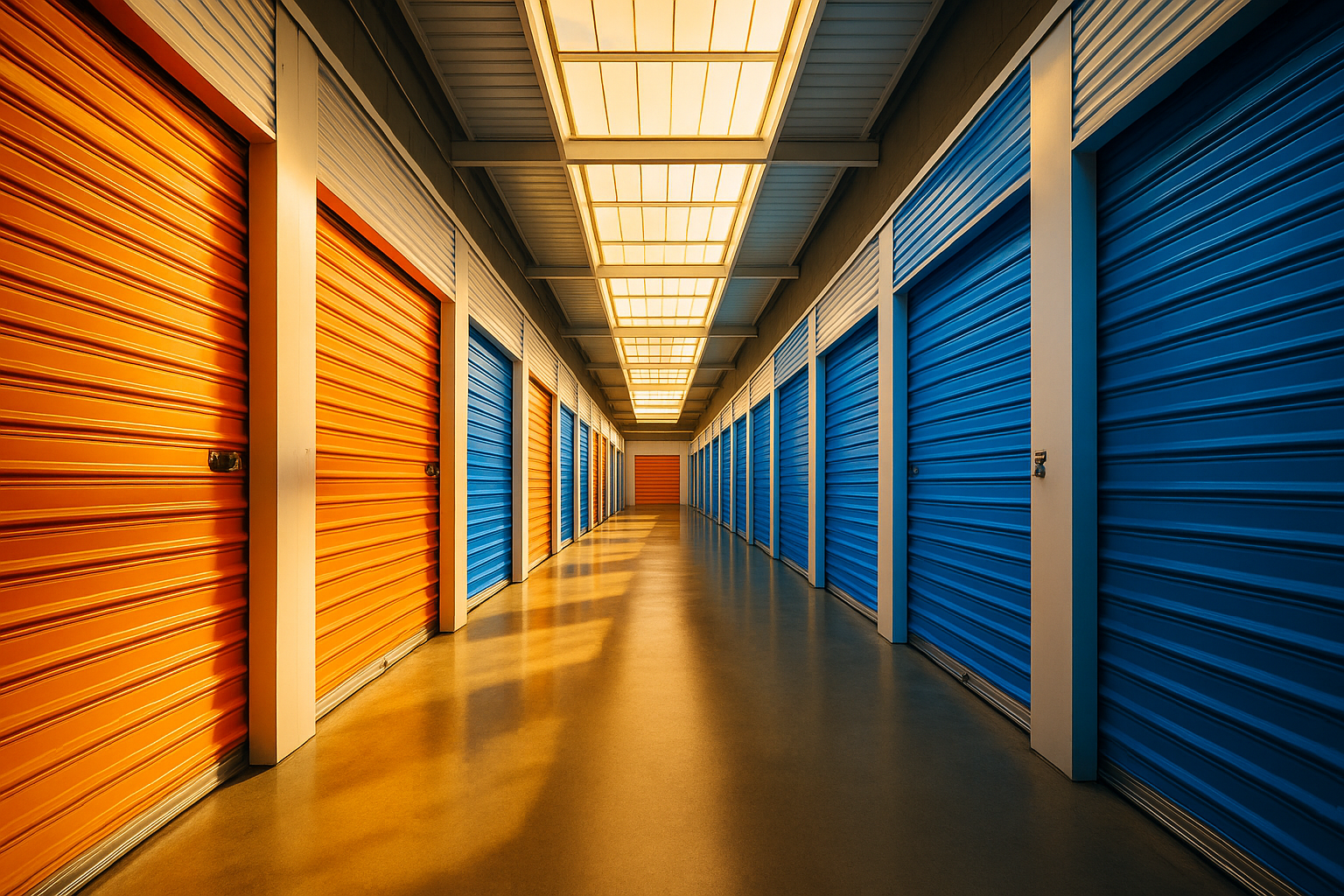 Interior moderno de instalación de self storage con puertas naranjas y azules en perspectiva dinámica bañadas por luz natural cálida