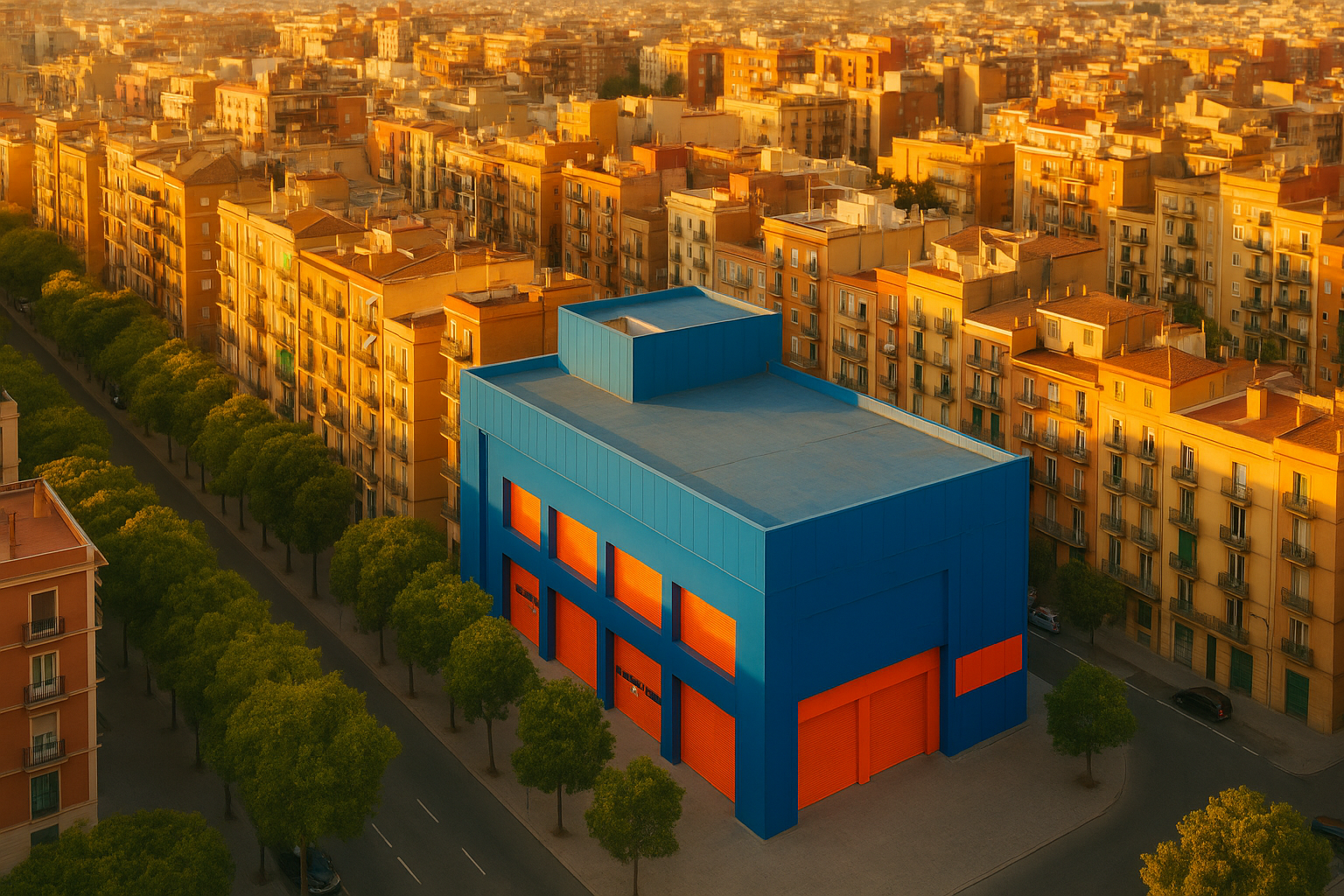Vista aérea de un barrio urbano español con edificios de alquiler y un moderno centro de self storage en primer plano
