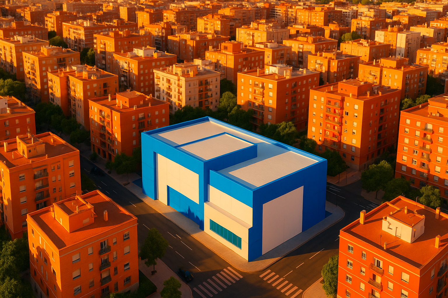 Vista aérea de un barrio urbano español con edificios residenciales compactos y un moderno centro de self storage al atardecer