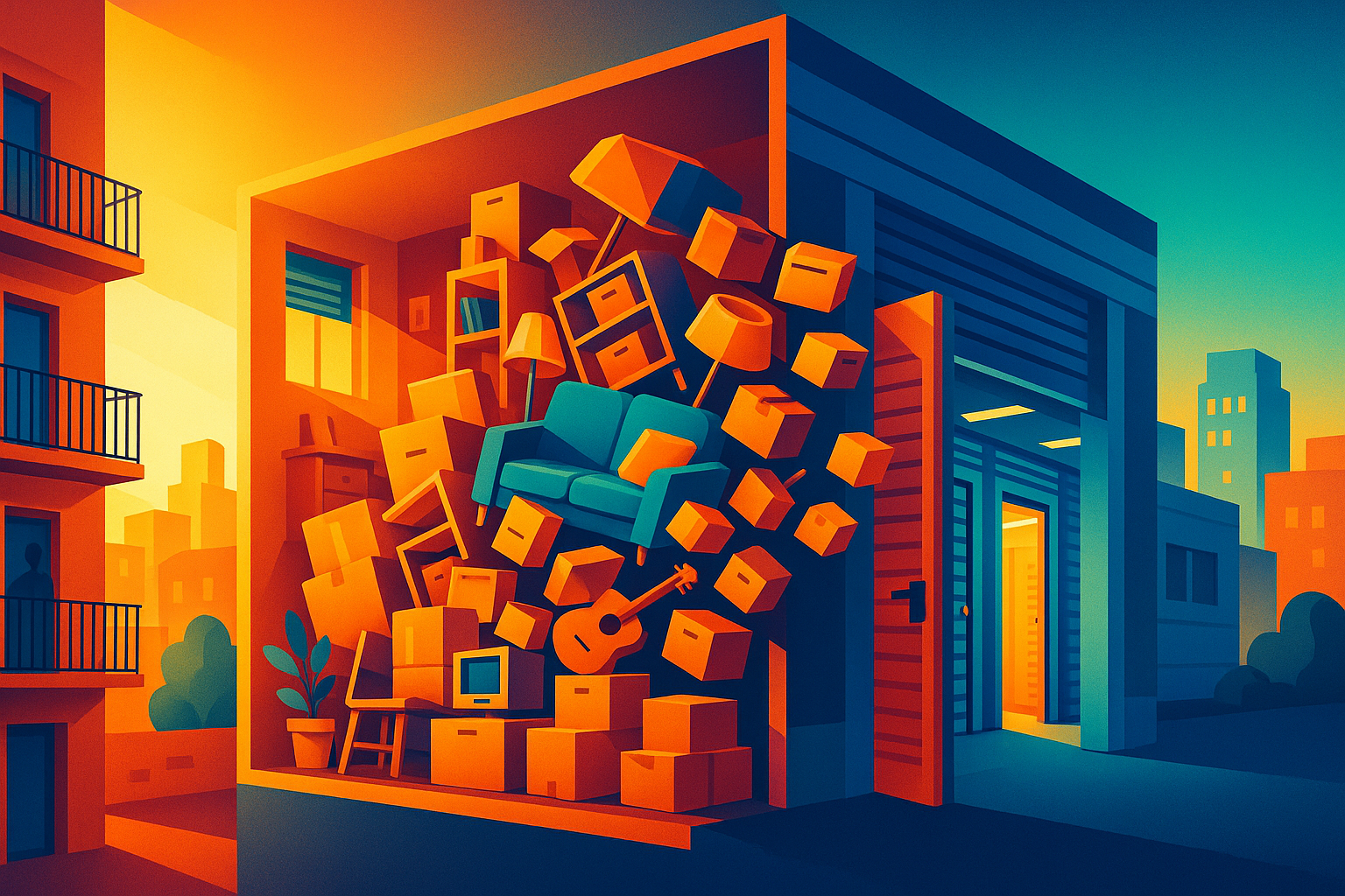Ilustración isométrica de pisos compactos urbanos en España con enseres fluyendo hacia un moderno centro de self storage luminoso