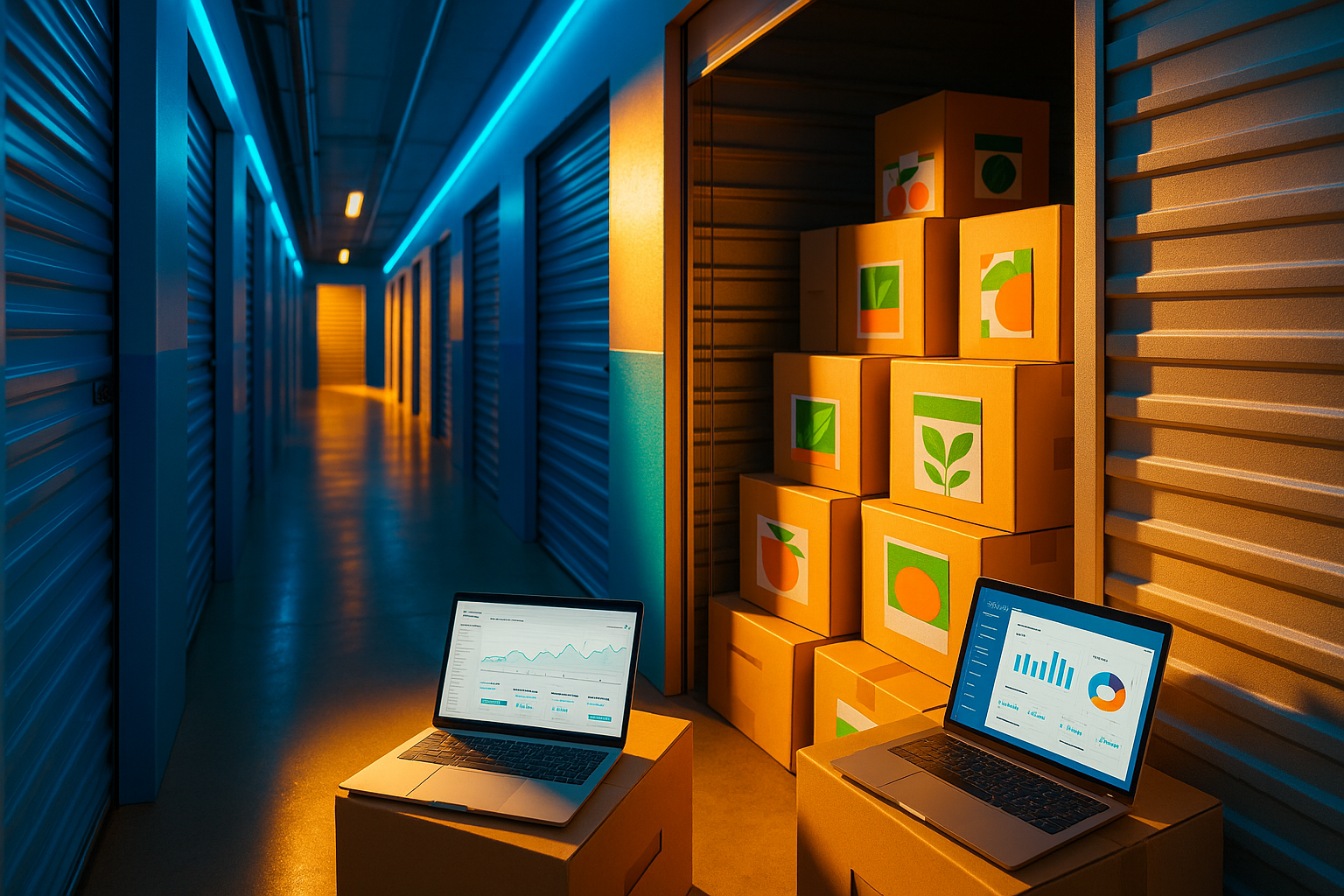 Pasillo de un centro de self storage con unidades abiertas mostrando stock organizado de productos de e-commerce y tablet con datos logísticos