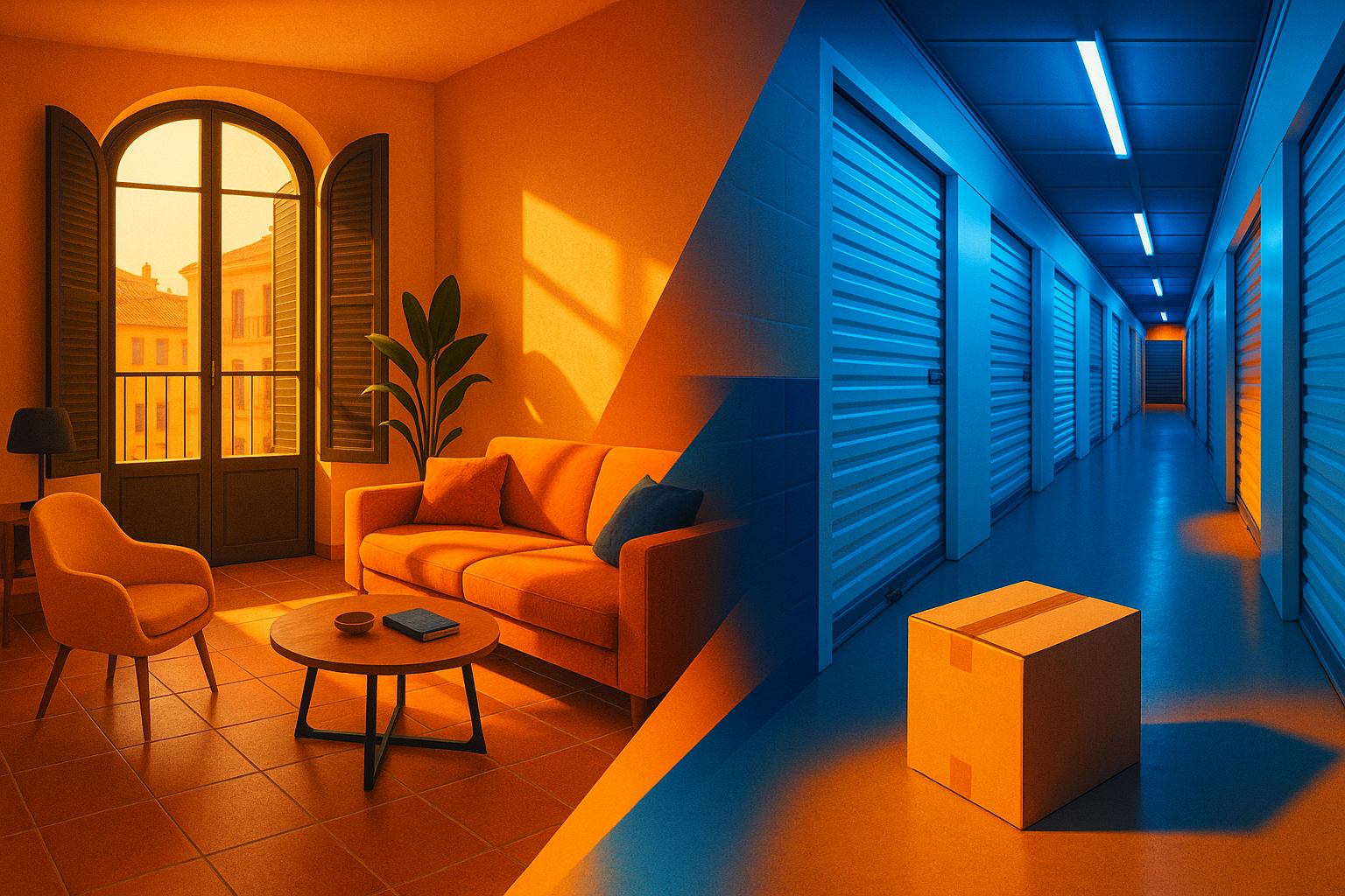 Apartamento español moderno junto a pasillo de centro de self storage con iluminación vibrante en azul y naranja