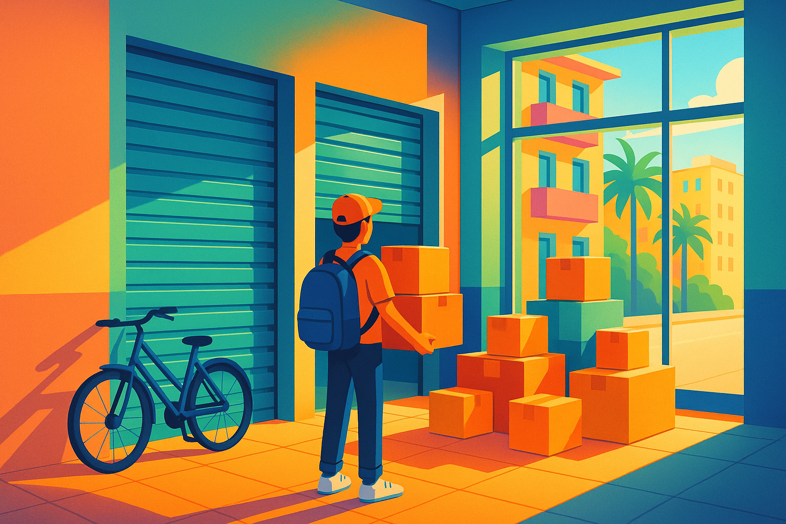 Ilustración isométrica de una persona con cajas de mudanza frente a un moderno centro de self storage en una ciudad española en septiembre