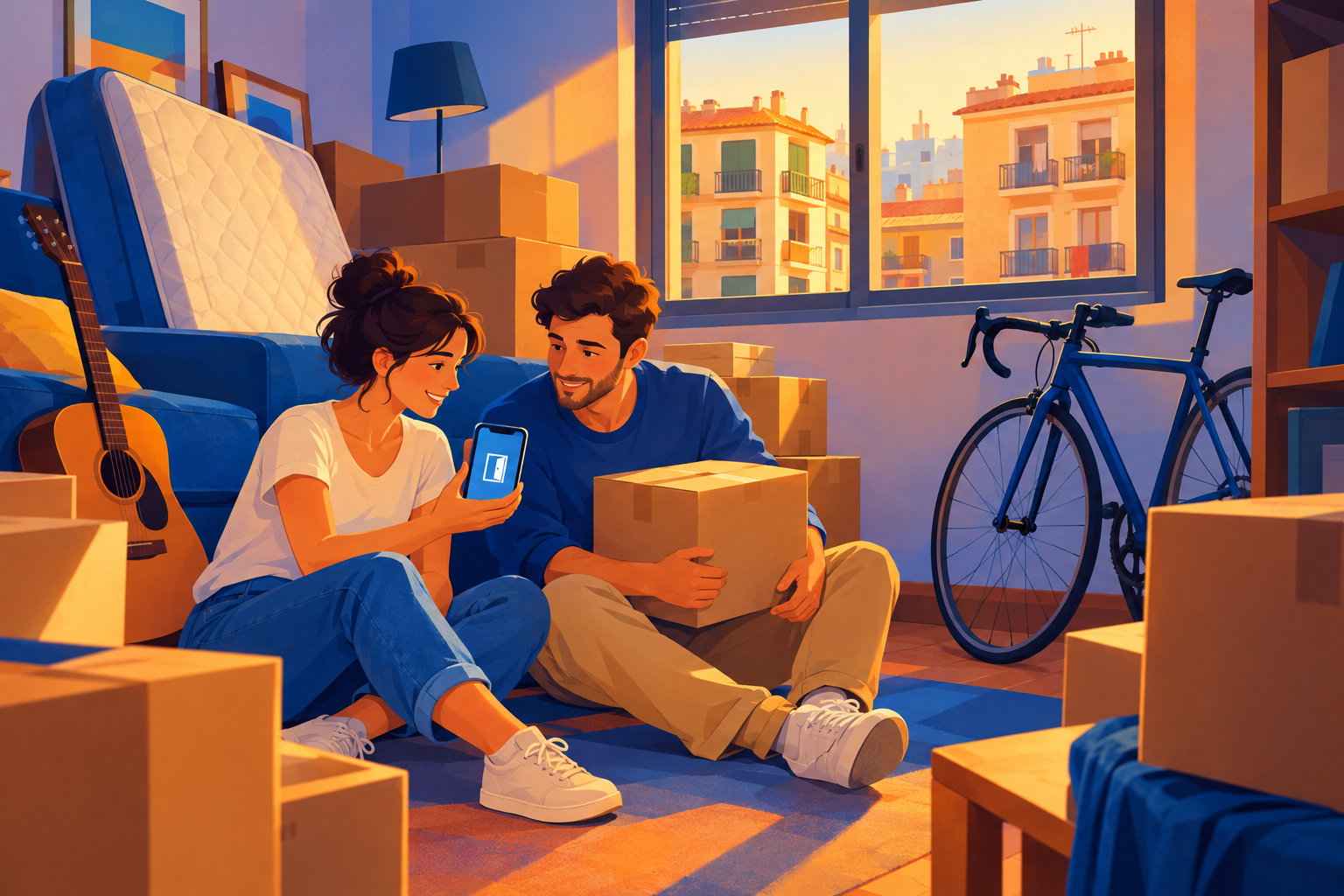 Pareja joven sentada en el suelo de un piso diminuto rodeada de cajas, bici y guitarra, mirando el móvil al atardecer