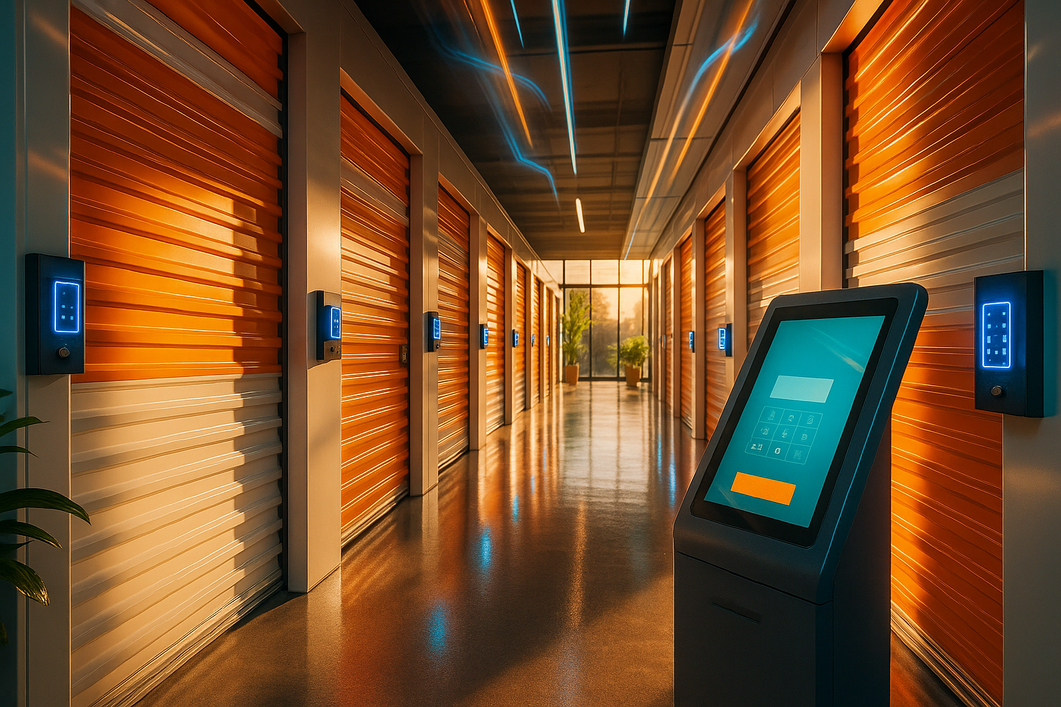 Pasillo moderno de self storage automatizado con paneles LED azules, kiosco digital y puertas naranjas en perspectiva dinámica.