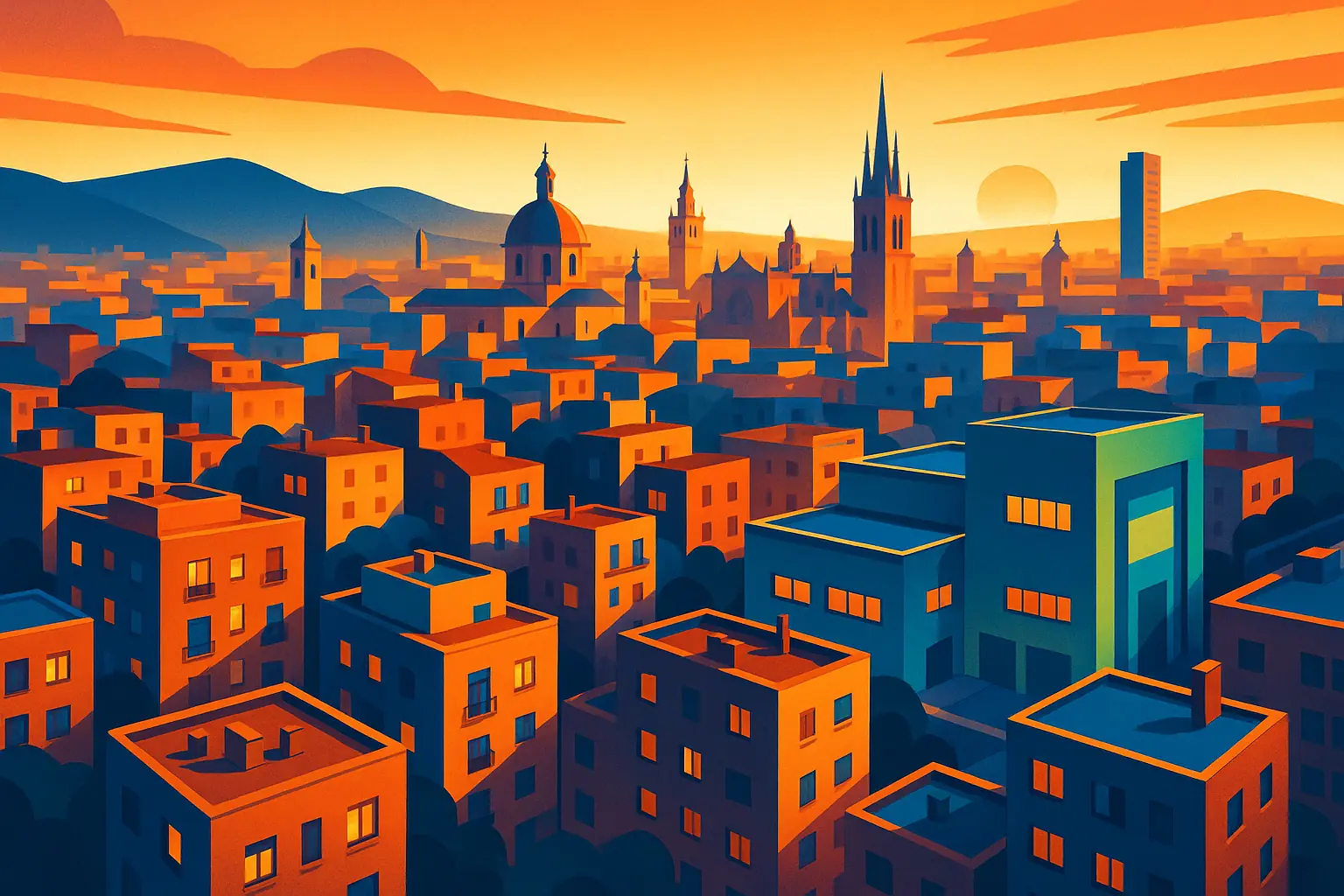 Ilustración isométrica de barrio urbano español con pisos compactos y un centro de self storage moderno al atardecer