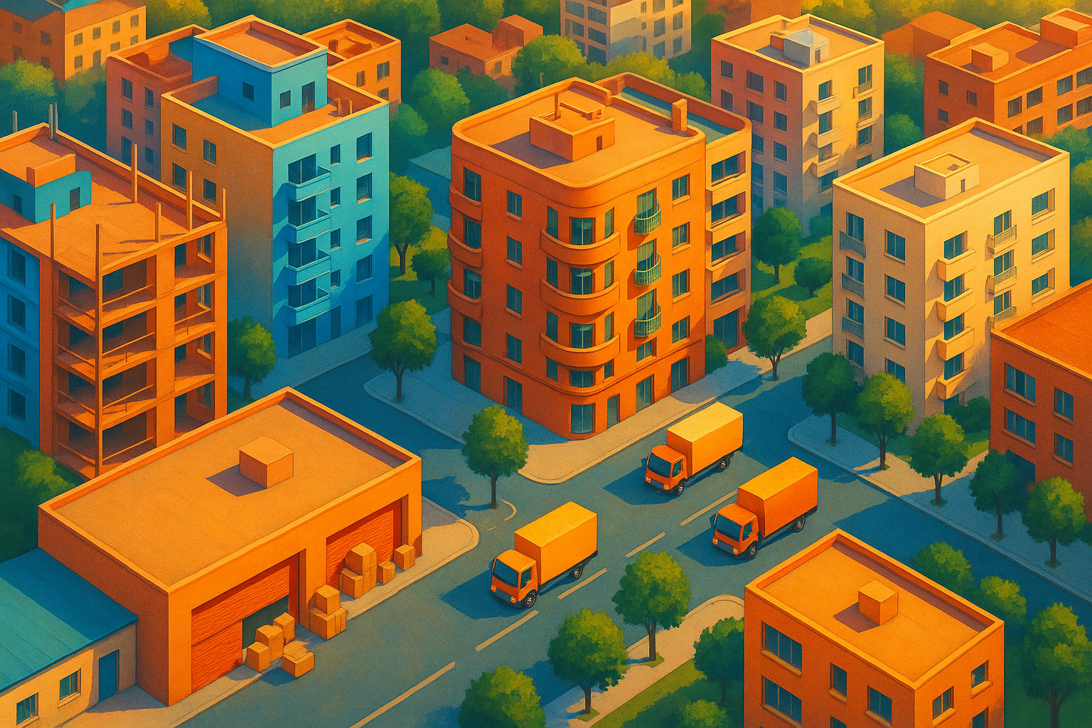 Vista aérea ilustrada de un barrio urbano español con viviendas en construcción, mudanzas y una unidad de self storage de color naranja