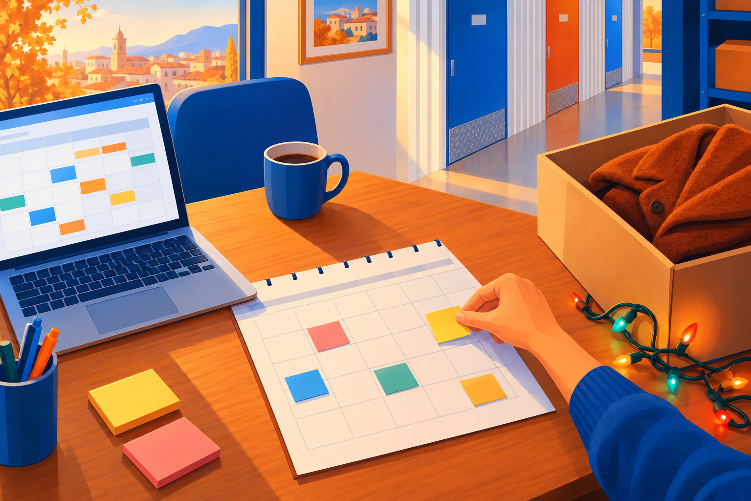 Primer plano cenital de una mesa de oficina con calendario de notas adhesivas, portátil, abrigo doblado en una caja y luces navideñas por la mañana