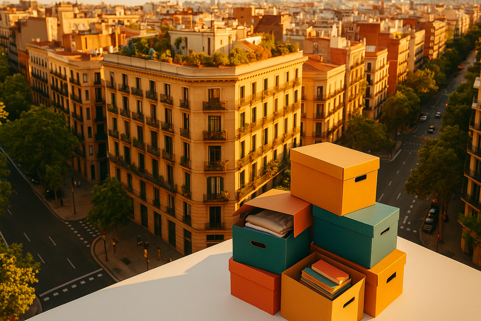 Cajas de mudanza ordenadas junto a ventanas de un piso urbano en España con luz cálida y plantas en la terraza