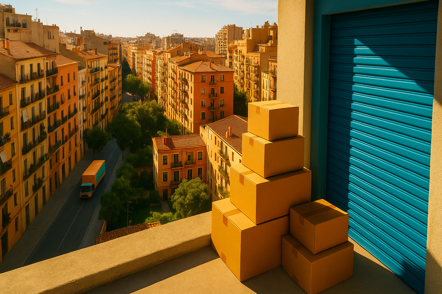Barrio residencial español en verano con camión de mudanzas y puertas de trastero en colores vivos bajo luz cálida de agosto