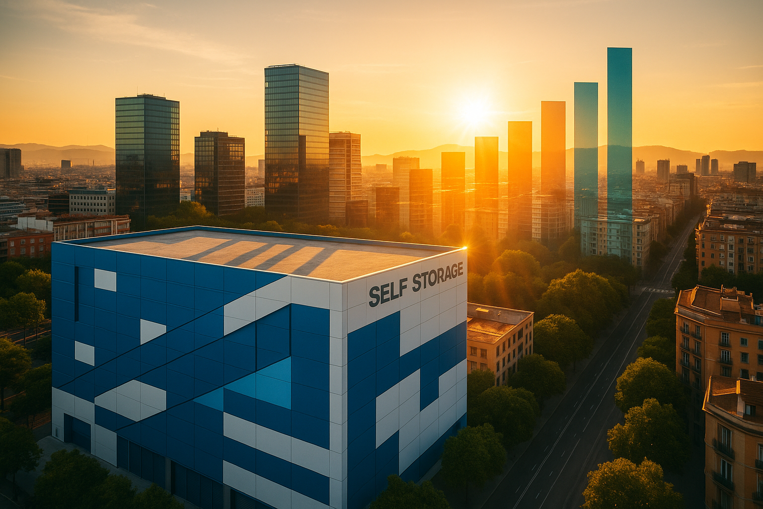Vista aérea al atardecer de ciudad española moderna con instalación de self storage arquitectónica en azul eléctrico, transmitiendo crecimiento y oportunidad inversora.