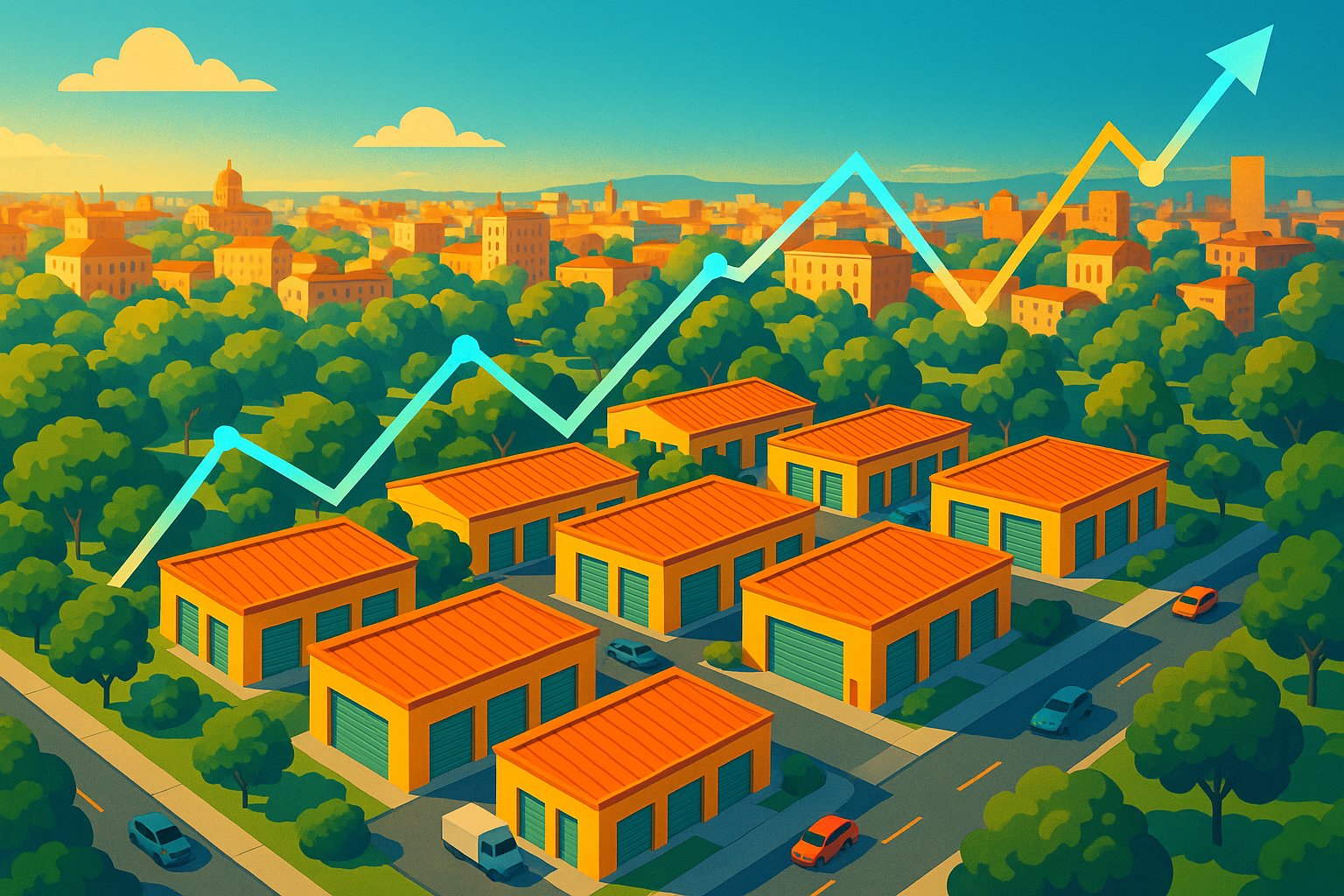 Ilustración isométrica de un centro de self storage moderno en ciudad española con gráficas de inversión en azul eléctrico y ámbar