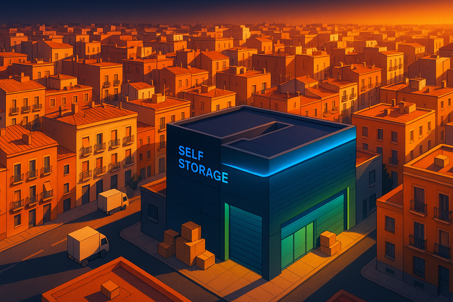 Ilustración isométrica de barrio urbano español con bloques de pisos coloridos y un centro de self storage moderno al atardecer