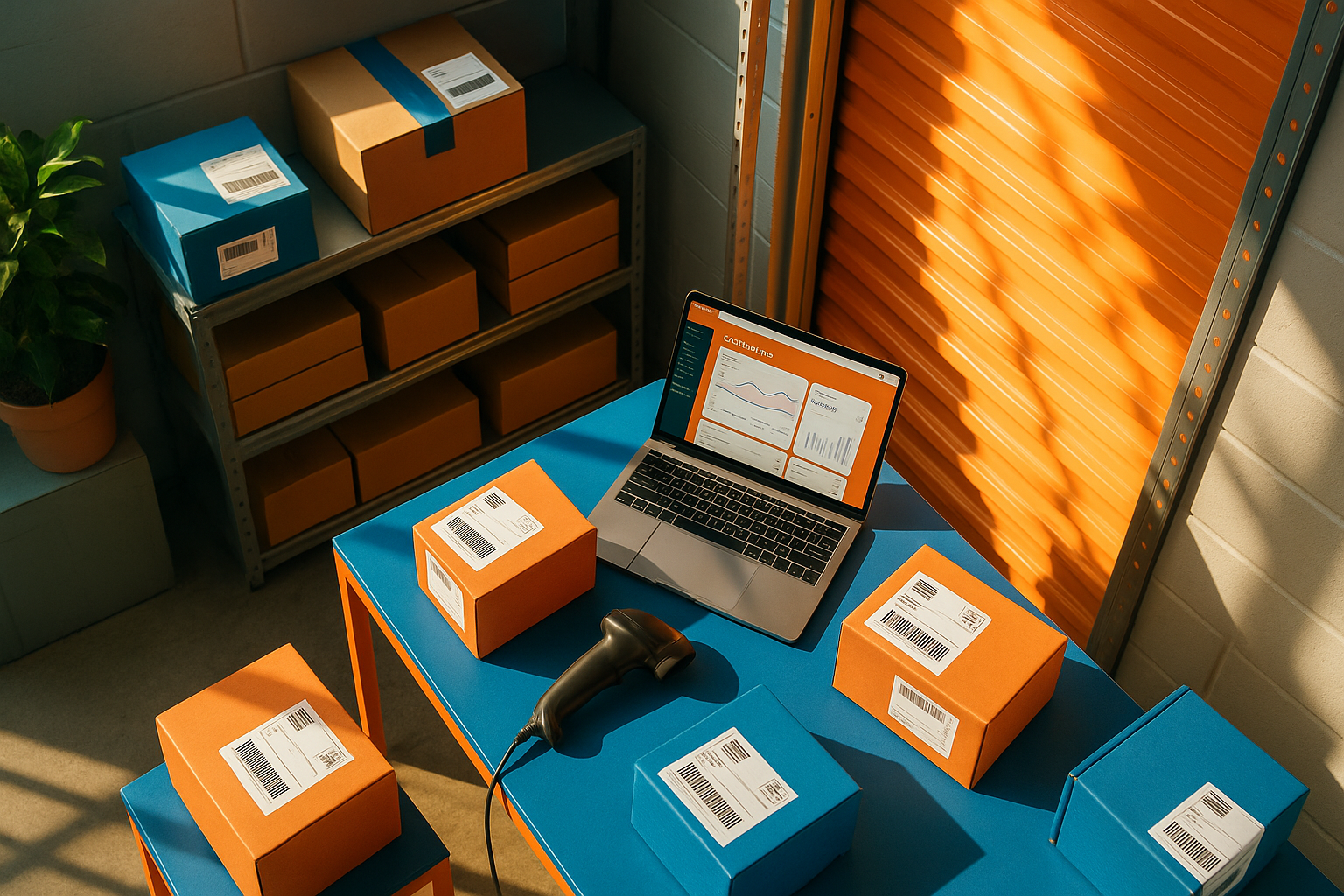 Unidad de self storage organizada como almacén de ecommerce con cajas de envío, portátil y estanterías de inventario