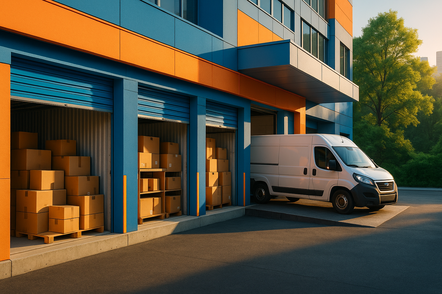Centro de self storage urbano reconvertido en micro-hub logístico con paquetes de e-commerce y furgoneta de reparto