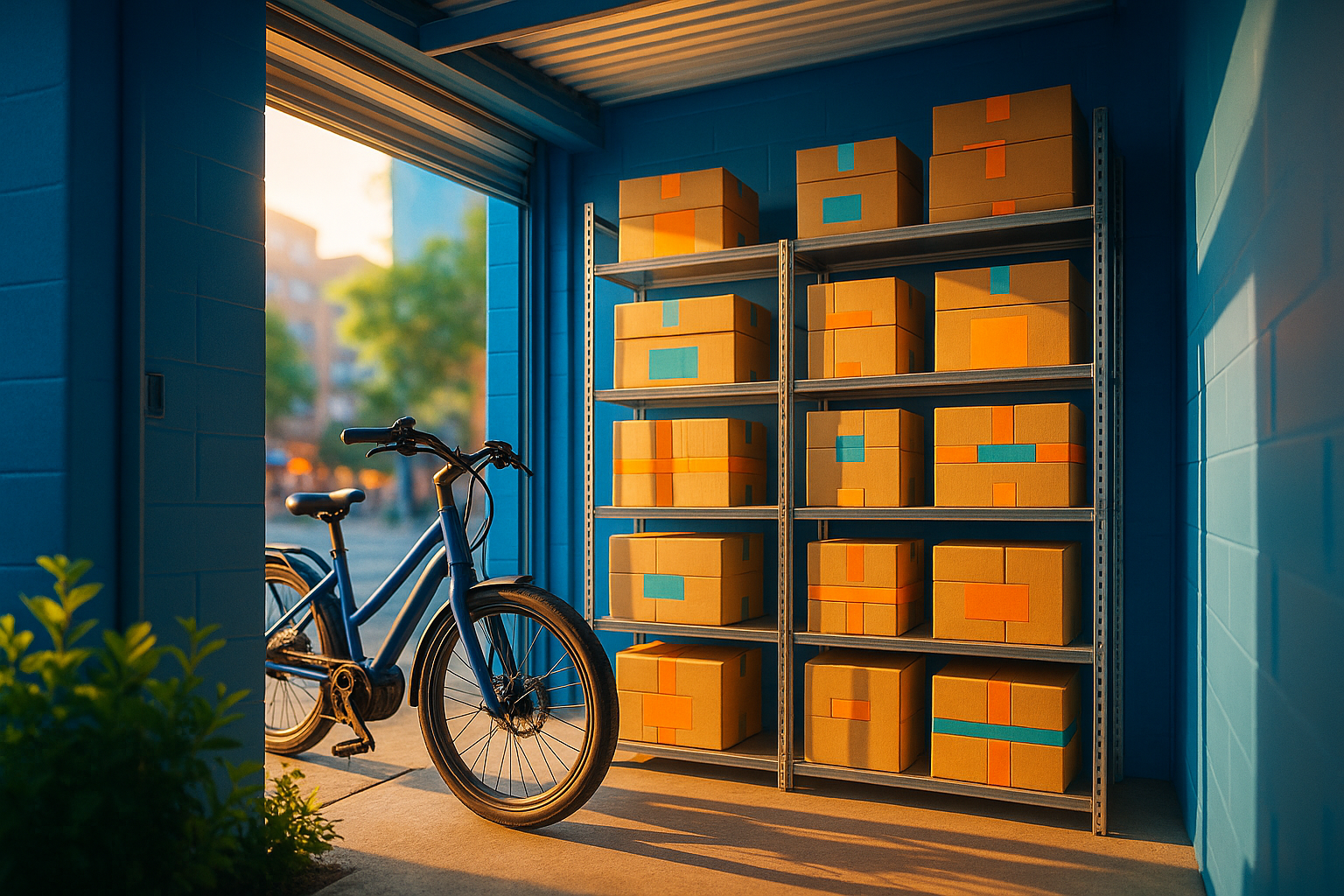 Trastero urbano convertido en mini-almacén de e-commerce con cajas coloridas, luz cálida y una bici de reparto eléctrica en la entrada.