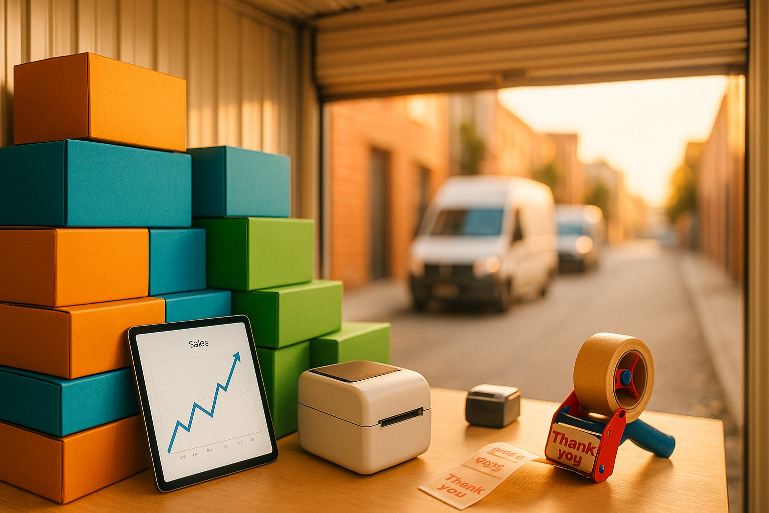 Trastero de self storage convertido en almacén logístico para e-commerce, con cajas coloridas, tablet y luz cálida natural.