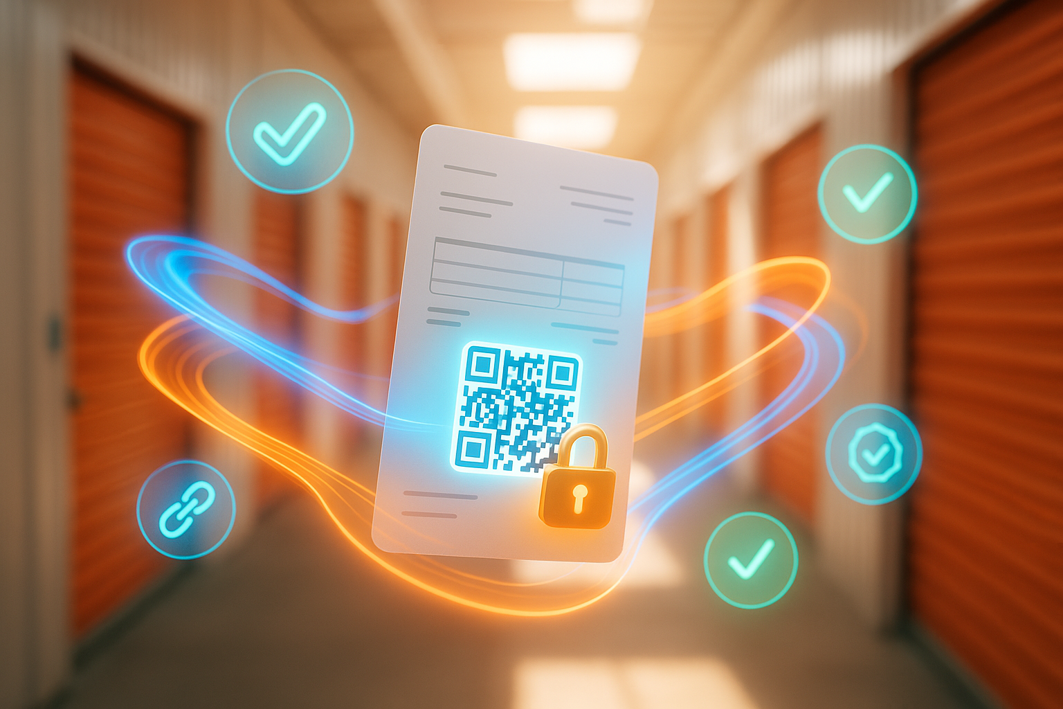 Factura digital verificable con QR y candado brillante frente a un pasillo de trasteros naranjas iluminado con luz natural cálida.