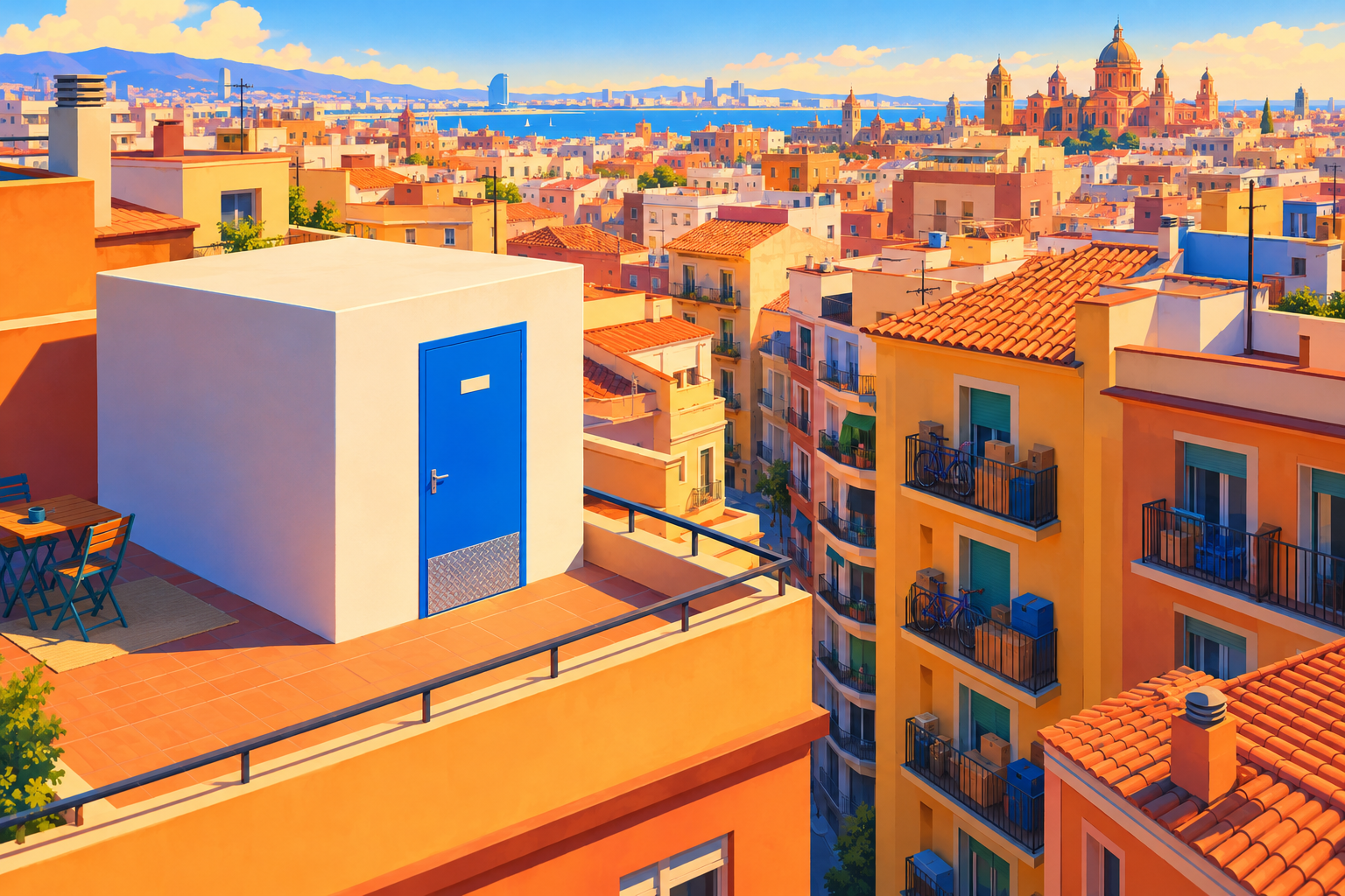 Vista aérea desde una azotea de un barrio español denso al mediodía, con una caja blanca de puerta de color como habitación extra
