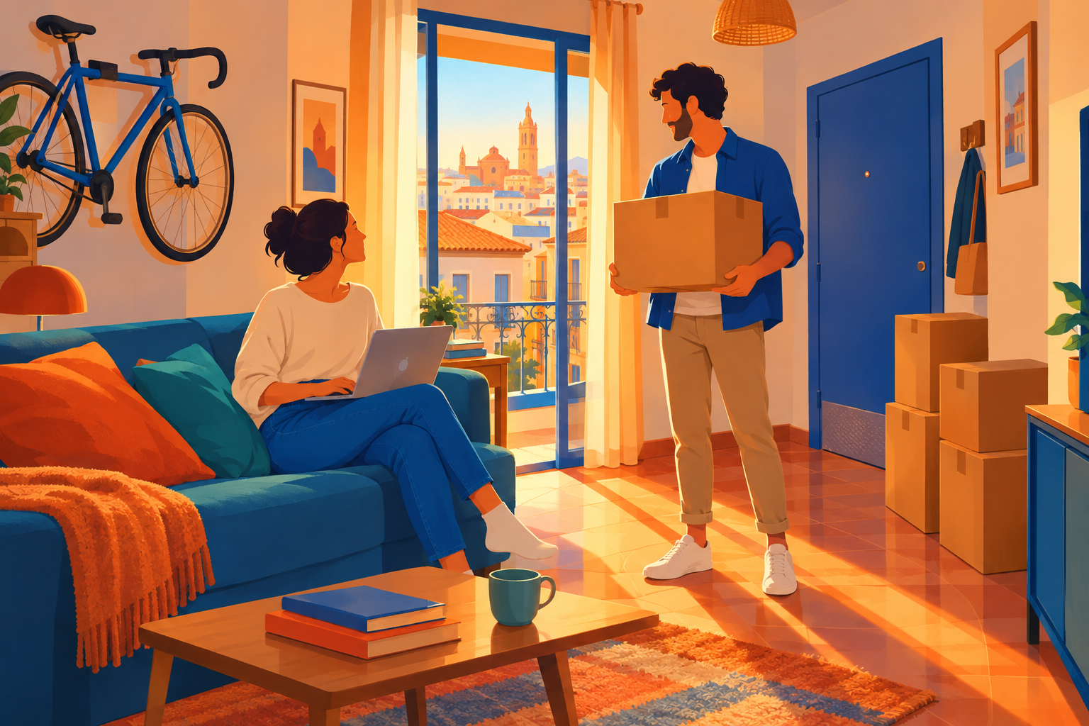 Salón de un piso pequeño de alquiler al atardecer, con una pareja conversando entre cajas y una bicicleta colgada en la pared
