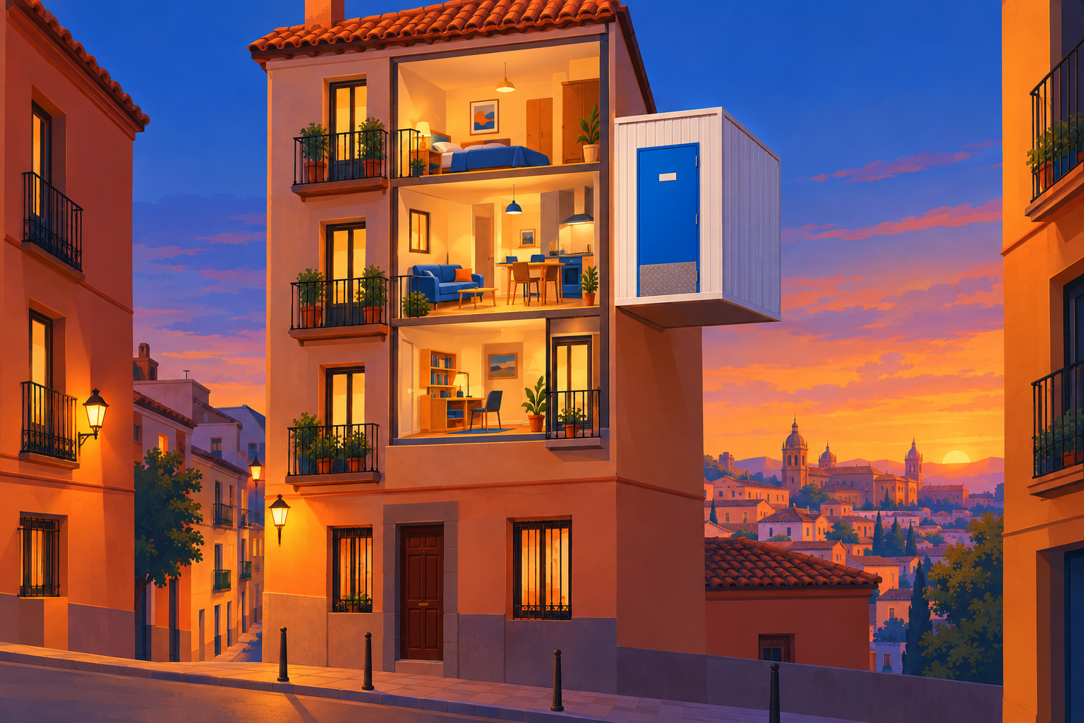 Corte conceptual de un bloque de pisos al anochecer con un pequeño piso y una caja-trastero blanca de puerta de color como ampliación de la vivienda.
